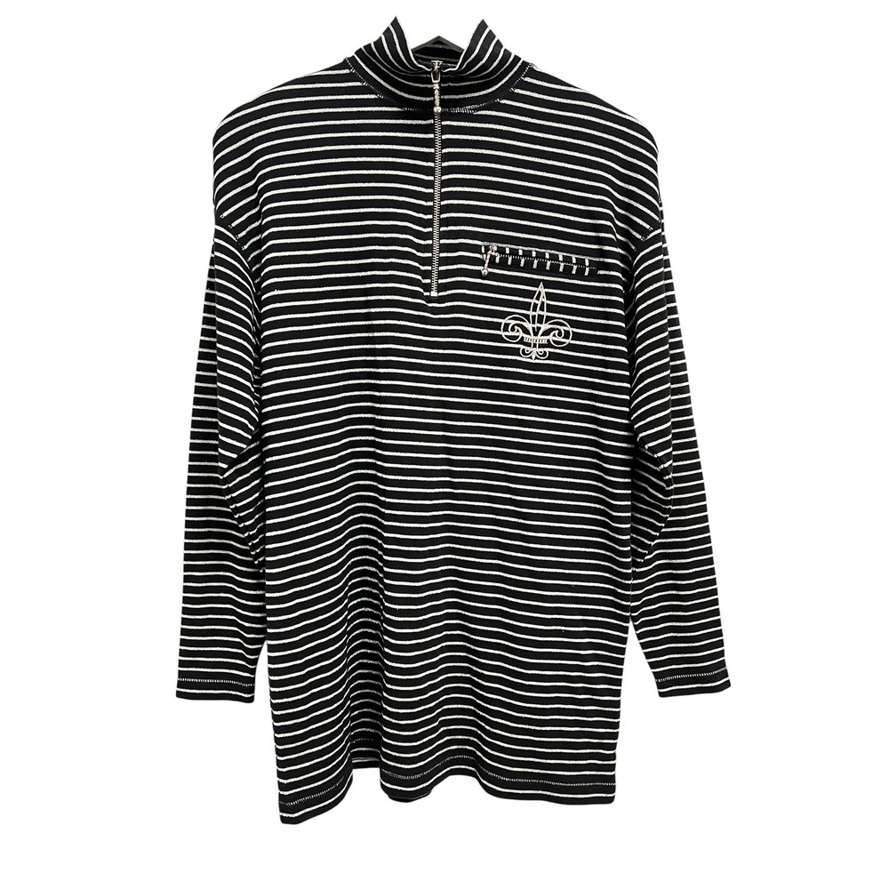 Molto Fino Pullover Large Black Silver Striped Fleur De Lis Quarter Zip Top Y2K